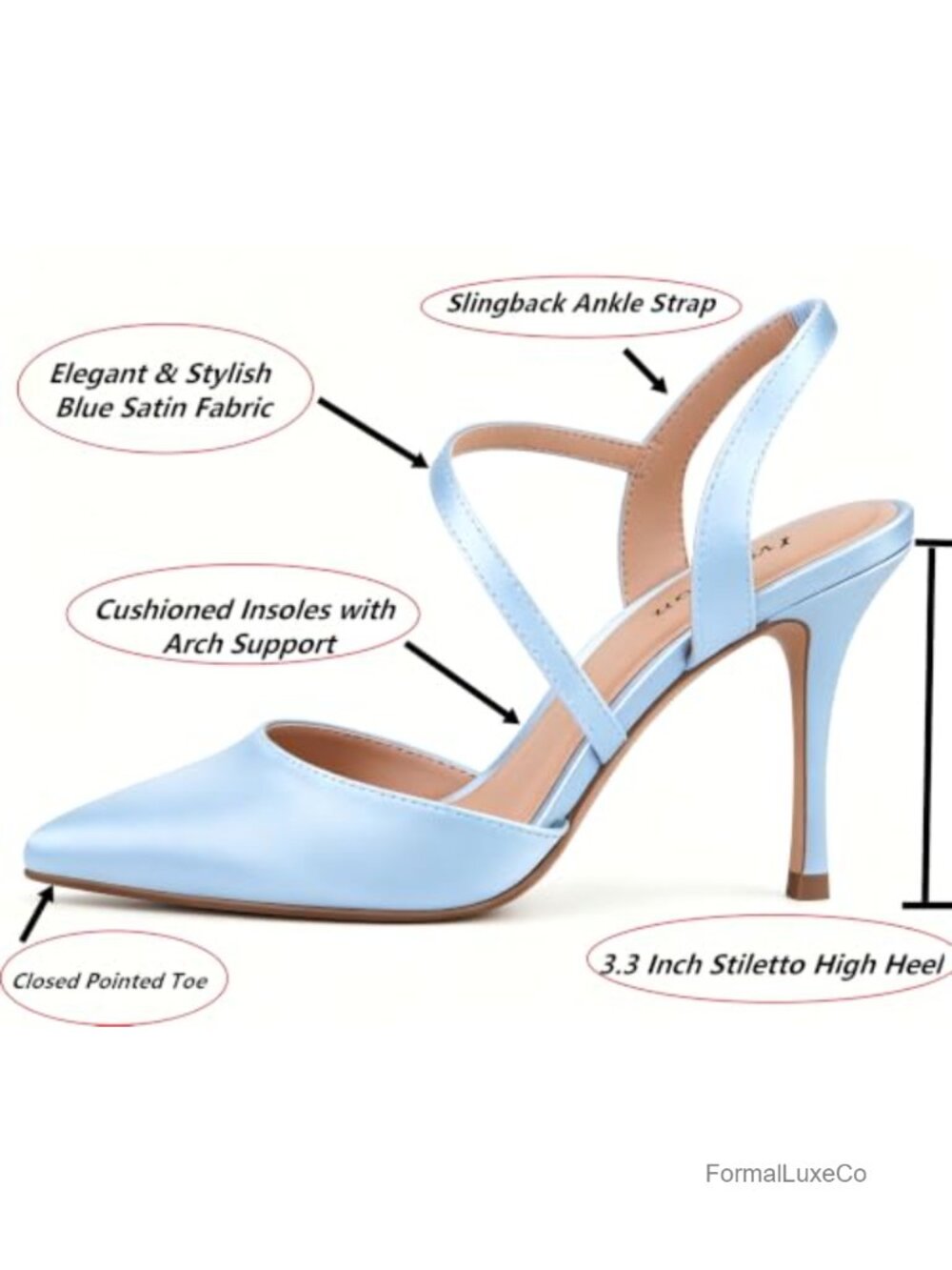 Closed Toe Slingback Heels Stiletto Heel 3.3 Inch Ankle Strap Pointed Toe Pumps - Picture 4 of 6